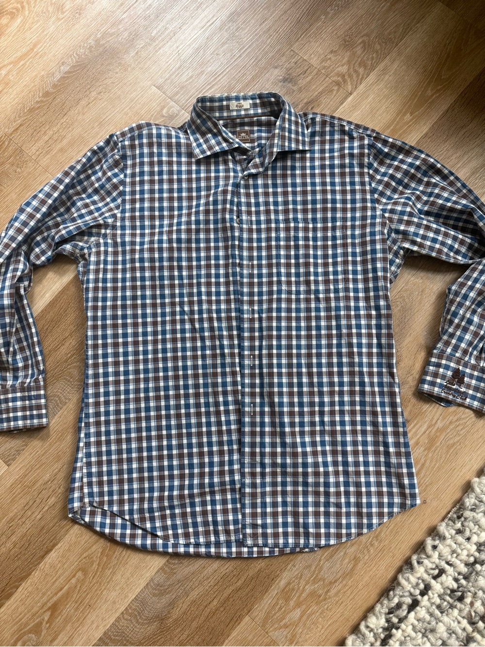 Peter Millar Blue and Brown Plaid Long-Sleeve. Lake Arrowhead logo on sleeve
